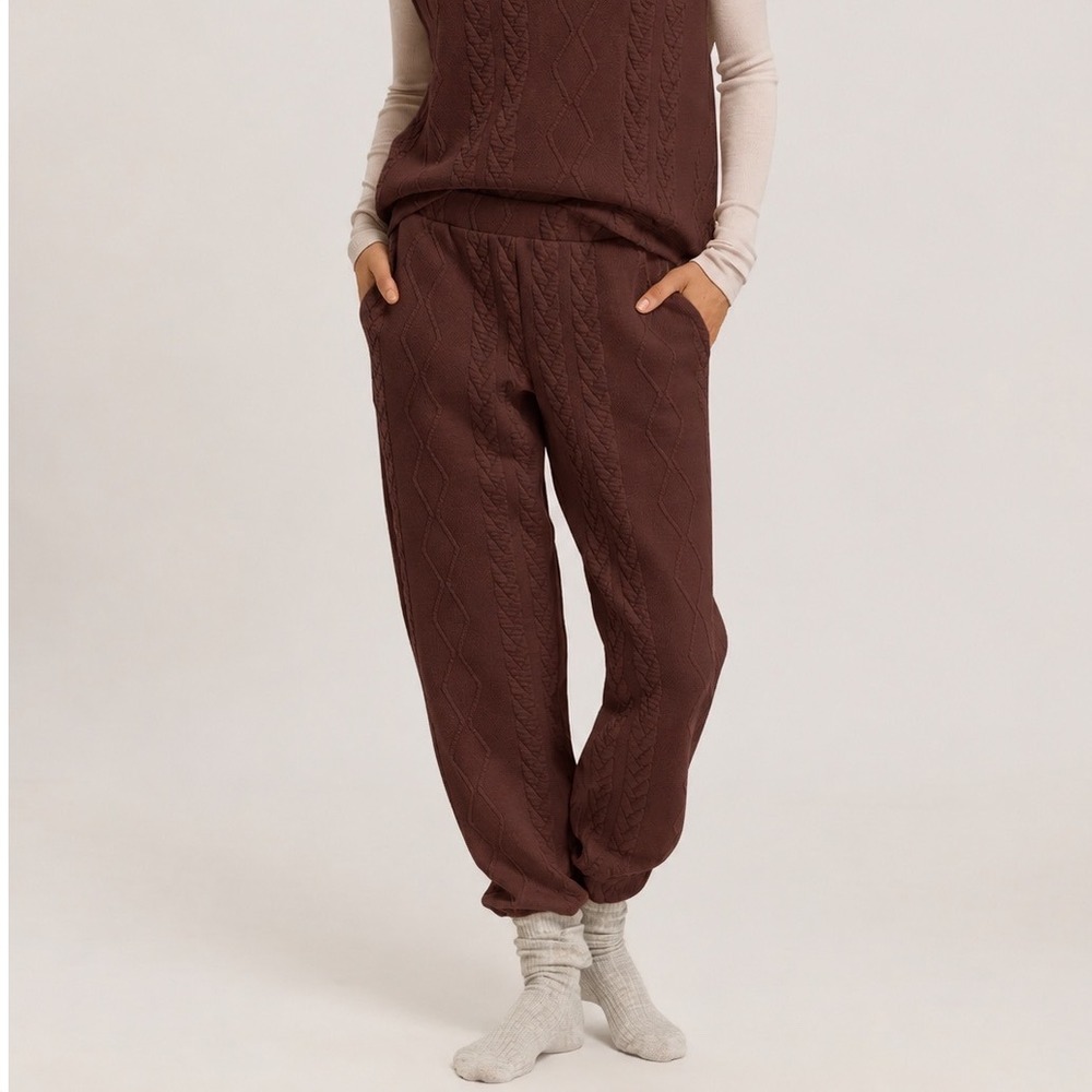 HANRO Cable Knit Jogger Pants Women's Small Brown Organic Cotton Lounge Cozy